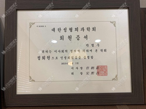 大韩整形外科学会会员证书