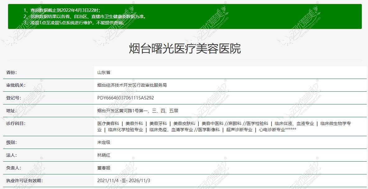 烟台曙光整形医院认证信息