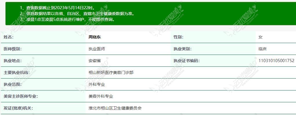 淮北相山新妍医疗美容周晓东医生资质